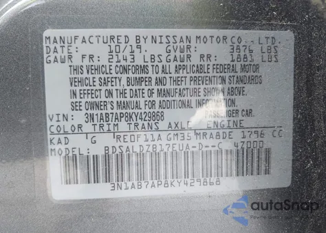 2019 Nissan Sentra Sv z USA, uszkodzony, nr VIN 3N1AB7AP8KY429868